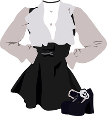 Illustration of female clothing, black and white dress.