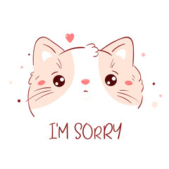 Apologize card. Sad fat cat with pink heart. Inscription I'm sorry. Cute kitten apologize. Vector illustration EPS8 