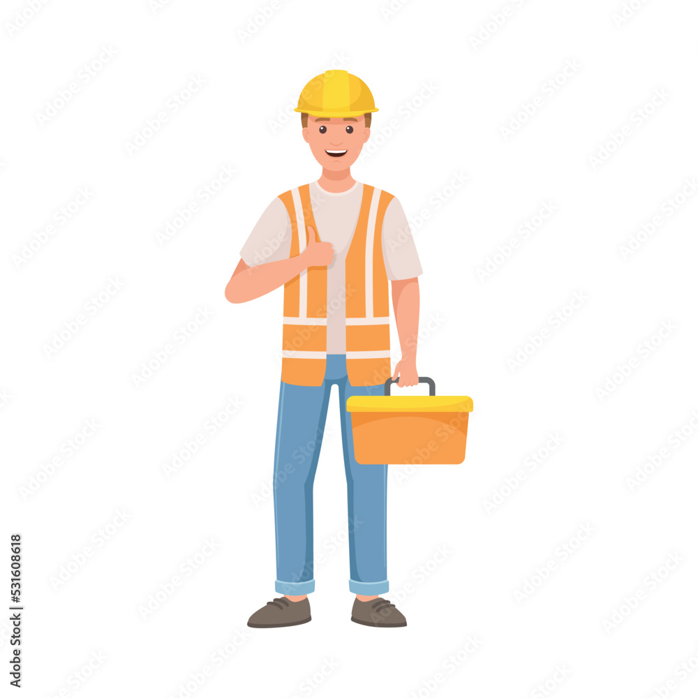 Poster man builder character in hard hat and warnvest holding toolbox and showing thumb up vector illustrat