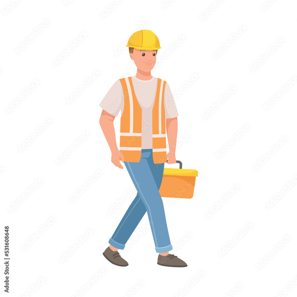 Poster man builder character in hard hat and warnvest walking with toolbox vector illustration
