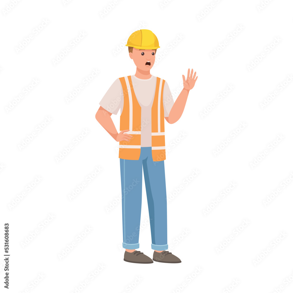 Poster man builder character in hard hat and warnvest in standing pose showing stop gesture vector illustra