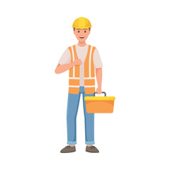 Man Builder Character in Hard Hat and Warnvest Holding Toolbox and Showing Thumb Up Vector Illustration