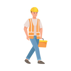Man Builder Character in Hard Hat and Warnvest Walking with Toolbox Vector Illustration