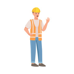 Man Builder Character in Hard Hat and Warnvest in Standing Pose Showing Stop Gesture Vector Illustration