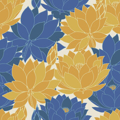 Vintage hand drawn lotus flowers seamless pattern. Retro vector floral repeat surface