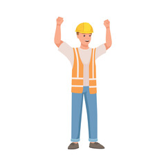 Man Builder Character in Hard Hat and Warnvest Cheering with Clenched Fist Vector Illustration