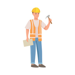 Man Builder Character in Hard Hat and Warnvest Standing with Hammer Vector Illustration