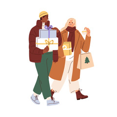 Happy couple going with shopping bags and gift boxes for Christmas, winter vacation. Man and woman during Xmas holiday preparation. Flat graphic vector illustration isolated on white background