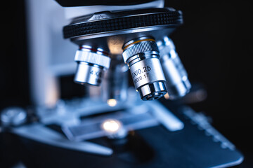 professional scientific equipment microscope for medicine scientist using in biotechnology science laboratory, biology or chemistry and medical technology research with microbiology experiment