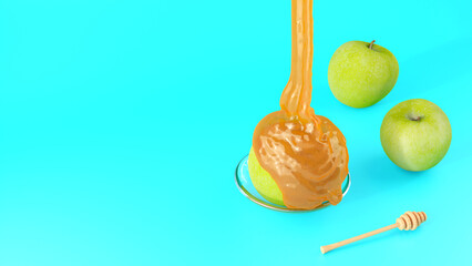 Apples and honey jar for jewish new year holiday isolated on blue background, space for text