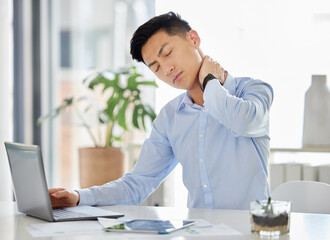 Stress, burnout and neck pain Asian man with headache, anxiety and depression working with laptop on report, tax or audit in office. Frustrated and tired business man with mental health overworked