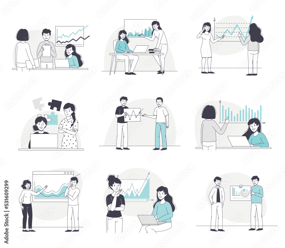 Poster business people character presenting graph working with data vector set