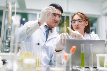 medical scientist with cannabis hemp research in medicine laboratory to make a herbal extract CBD...