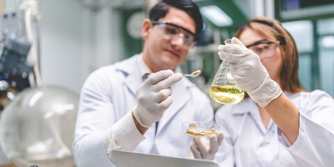 medical scientist with cannabis hemp research in medicine laboratory to make a herbal extract CBD...