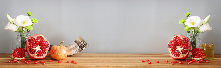 Rosh hashanah (jewish New Year holiday) concept. Traditional symbols