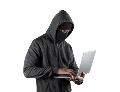 Cybercrime, hacking and technology crime. with laptop on white background