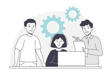 Man and Woman Business Character at Desk with Laptop Working with Data Vector Illustration