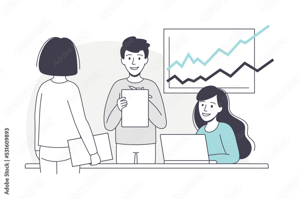 Poster man and woman business character at desk with laptop and chart working with data vector illustration