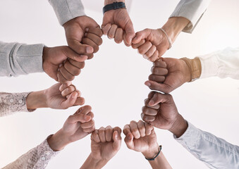 Hands, teamwork and fist for business meeting support, motivation and success of global market...
