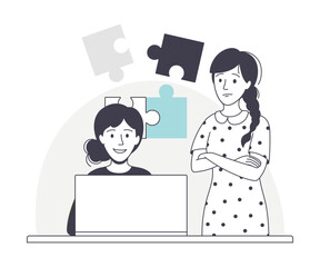 Fototapeta premium Woman Business Character at Desk with Laptop and Jigsaw Puzzle Working with Data Vector Illustration