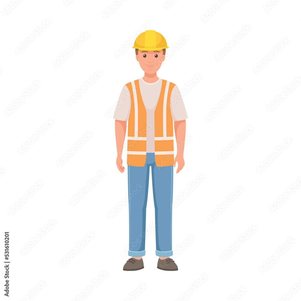Poster man builder character in hard hat and warnvest in standing pose vector illustration
