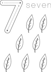 Flashcard number 7. Preschool worksheet. Black and white leaves.