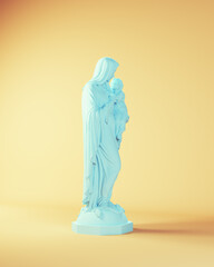 Mary Mother with Baby Jesus Blue Statue Religious Art Woman with Yellow Beige Background Quarter View 3d illustration render