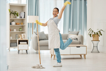 Fun asian woman, mop or cleaning living room with housekeeping floor product for home cleaner...