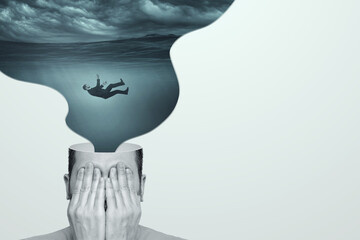 Stress, depression, emotional burnout. The body of a man falling from the sky to the bottom....