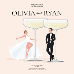 Wedding invitation with glasses of champagne. Bride and groom together
