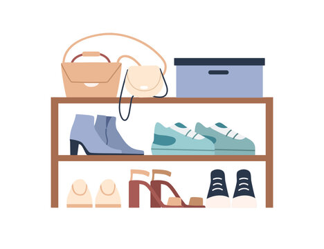 Shoe rack, shelf for storage. Footwear bench, organizer with wood tiers. Women heeled and sport foot wear, bags, accessories in wardrobe. Flat vector illustration isolated on white background