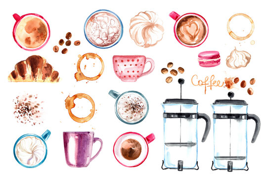 Coffee cup painted with watercolors on white background. The drink and sweets. Abstract watercolor spots, traces of coffee. Coffee beans. Cakes macaron.