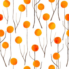 Fototapeta premium Watercolor drawing yellow thickets. Stylization of trees with yellow crowns on a white background. Seamless pattern.