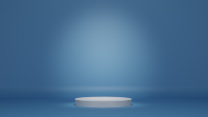 A simple background with white round platform under spot light. Main colour theme: tranquil blue