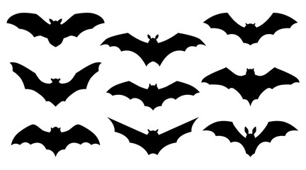 Bat collection. Hand drawn vector illustration. Isolated black objects on white background. - obrazy, fototapety, plakaty