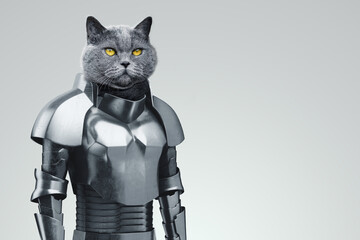 the head of an animal on a human body, the head of a cat in knightly armor. modern design, magazine...
