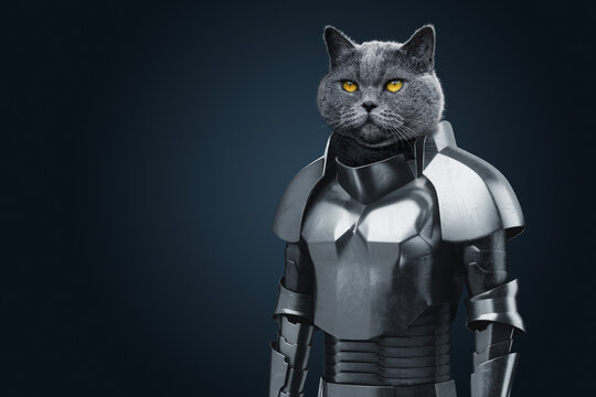 the head of an animal on a human body, the head of a cat in knightly armor. modern design, magazine style