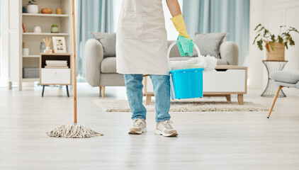 Cleaning, mop and spring cleaning equipment with woman in living room for domestic, hygiene and...