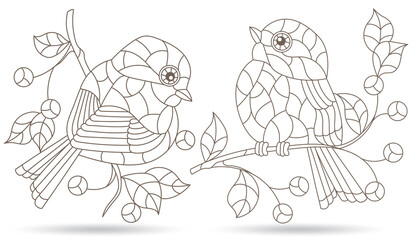 A set of contour illustrations in the style of stained glass with cute birds on branches, animals isolated on a white background