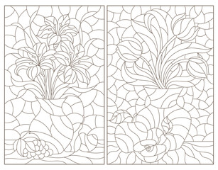 Set of contour illustrations in stained glass style with still lifes, flowers and fruits, dark outlines on a white background