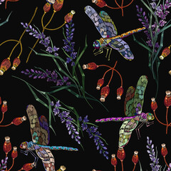 Dragonflies and lilac flowers. Autumn harvest background. Seamless pattern. Embroidery. Fashion template for clothes, textiles and t-shirt design