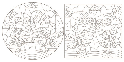 A set of contour illustrations in the style of stained glass with cute cartoon owls, dark contours on a white background