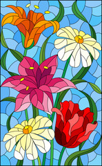 An illustration in the style of a stained glass window with a bright floral bouquet on a blue sky background
