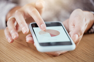 Woman with phone, work on digital chart or graph for online work at fintech company. Closeup of smartphone in lady hands on table, with financial performance data or analytics of finance business