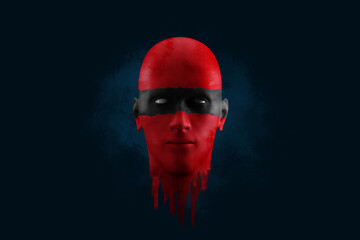 The red head of a man symbolizes problems, depression, melancholy, pessimism, loneliness. Unhappy, sad man in a bad mood. Modern design, magazine style, 3D render, 3D illustration.