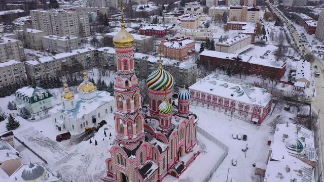 Aerial view of the Cathedral of the Ascension of the Lord in the city of Tambov. Russia