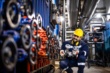 Industrial maintenance service and experienced engineer changing pipe valves in refinery plant.