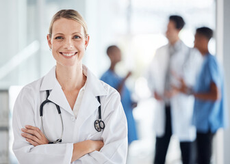 Doctor, healthcare and success woman with stethoscope smile, trust and leadership at medical...