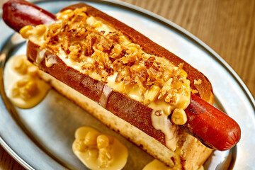 Hot dog with cheese sauce, caramelized onions. Close-up, selective focus. Noise added in post-production