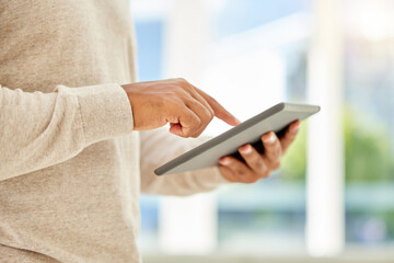 Tablet typing, creative web design and businessman marketing startup business online, working on technology and planning with global world on the web at work. Employee on digital company website